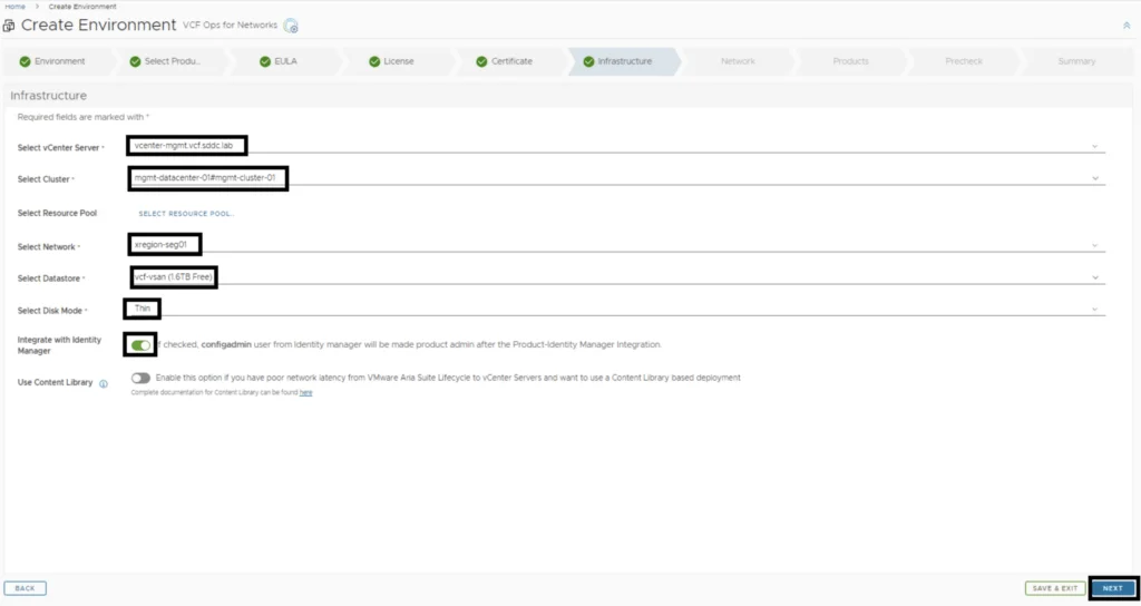 The image shows the Infrastructure step in a VMware Aria Operations for Networks deployment wizard, with fields for selecting vCenter Server, cluster, network, datastore, disk mode, and vIDM integr…