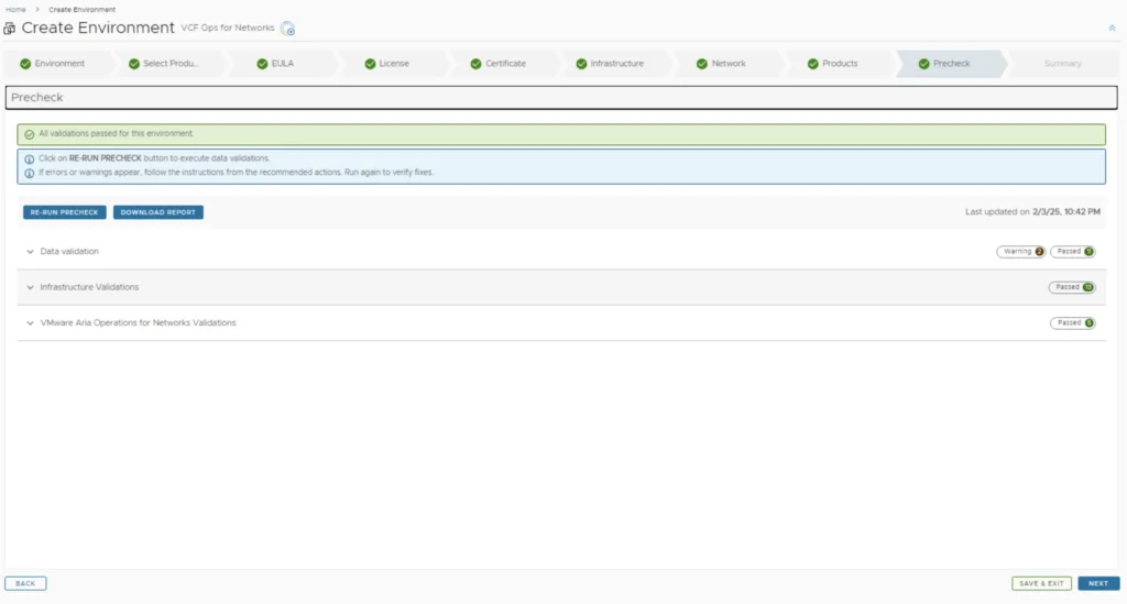The precheck step shows all validations passed, with options to re-run or download the report.