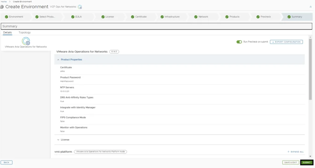 The screenshot shows the Summary step of the VMware Aria Operations for Networks deployment wizard.
