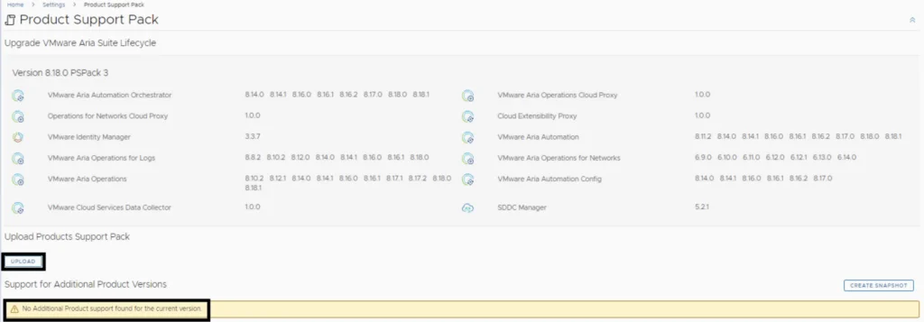 No additional support found for current version in Aria Suite Lifecycle 8.18 upgrade.