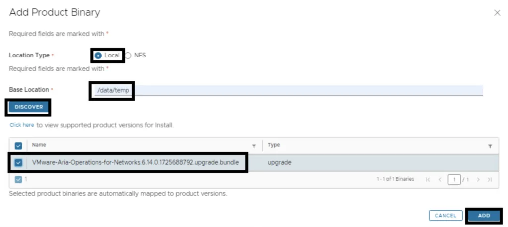 Adding product binary for VMware Aria Operations for Networks upgrade, selecting local location and base directory.
