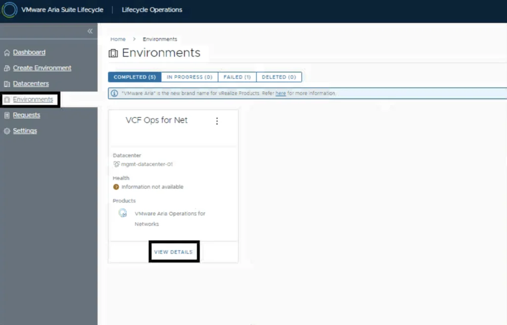 The image shows the “Environments” section of VMware Aria Suite Lifecycle, highlighting “VCF Ops for Net” with “Information not available” under “Health.