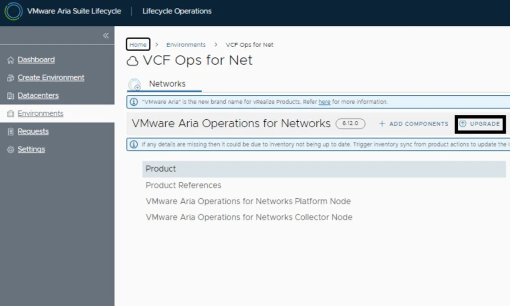 The screenshot shows the “Upgrade” button for VMware Aria Operations for Networks version 6.12.0.