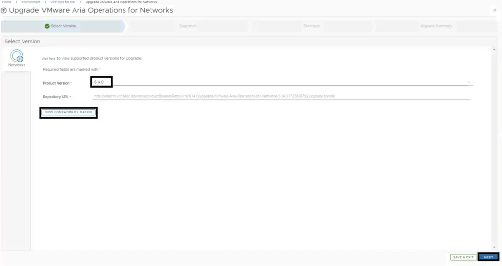 Upgrade screen shows version 6.14.0, repository URL, and compatibility matrix link.