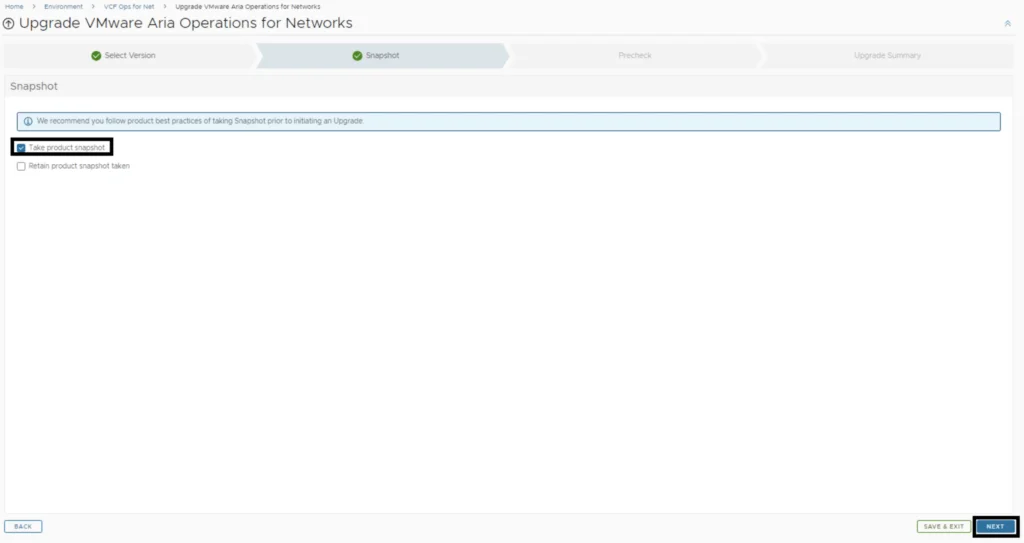 Upgrade screen for VMware Aria Operations, showing snapshot options before proceeding.