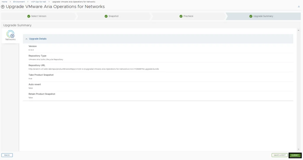 Upgrade summary shows version 6.14.0 details for Aria Operations for Networks. Click Next, Submit.