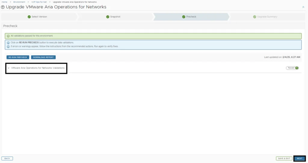 Precheck step shows all validations passed; click Next to continue.
