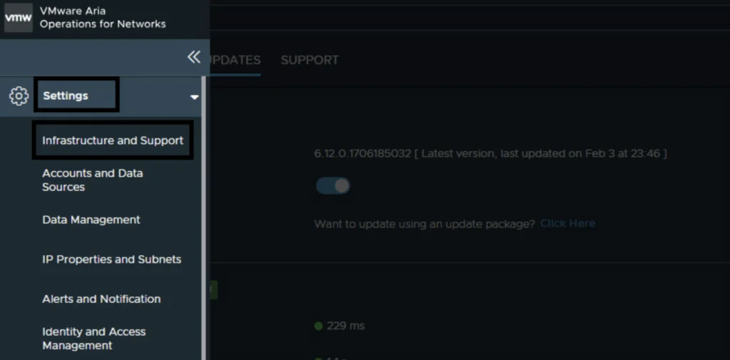 UI shows Aria Operations for Networks settings with "Infrastructure and Support" selected, version 6.12.0.1706185032, and update toggle.