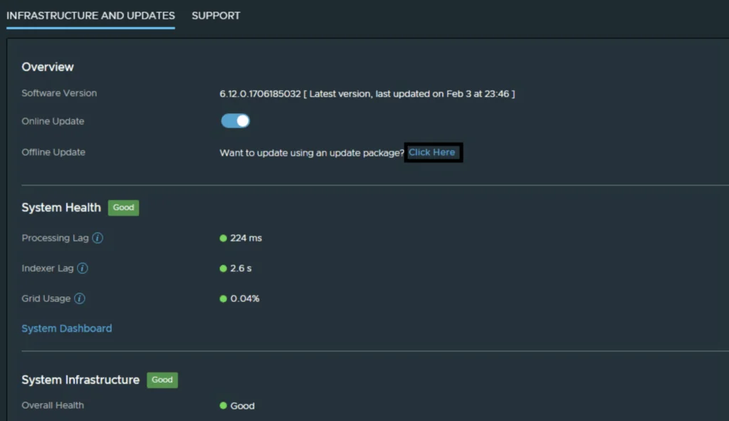 UI shows software version, update options, and system health metrics.