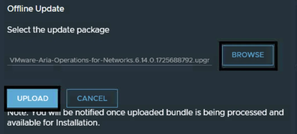 UI shows “Offline Update” step; select upgrade package, click “Upload” to start.