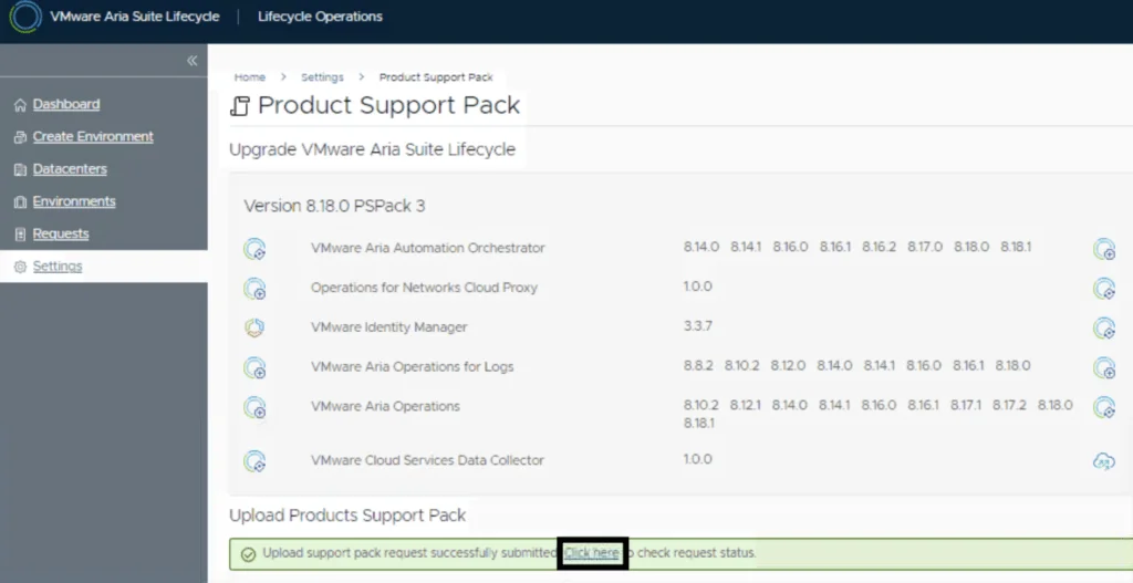 Upgrade request submitted; click “Click Here” to check status.