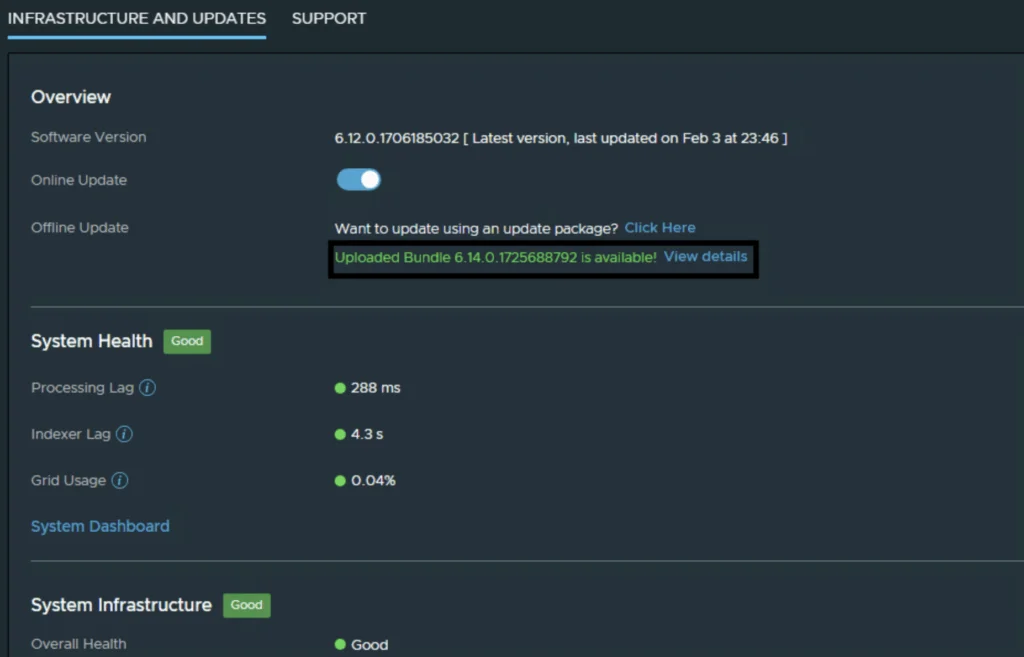 UI shows software version, update options, and system health metrics.