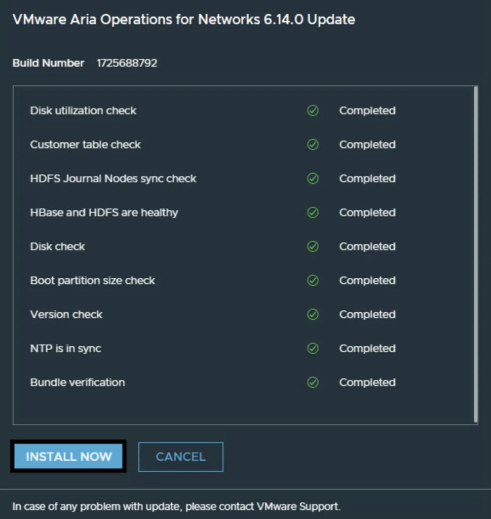 Upgrade bundle health checks completed; click “Install now” to start.
