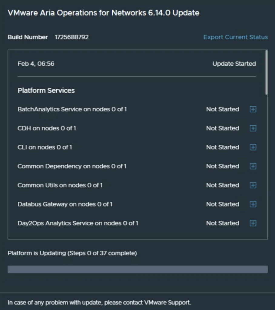 Upgrading Aria Operations for Networks 6.14.0; Platform Services not started yet.