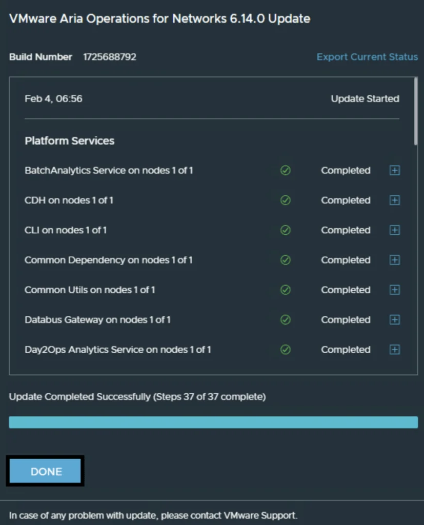 Update completed successfully; all 37 steps finished.