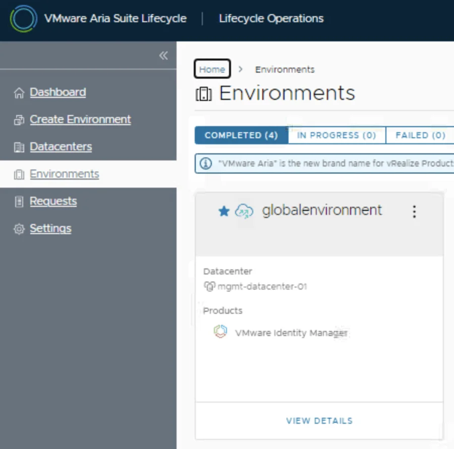 VMware Aria Suite Lifecycle dashboard showing environments and datacenters, with "globalenvironment" highlighted.