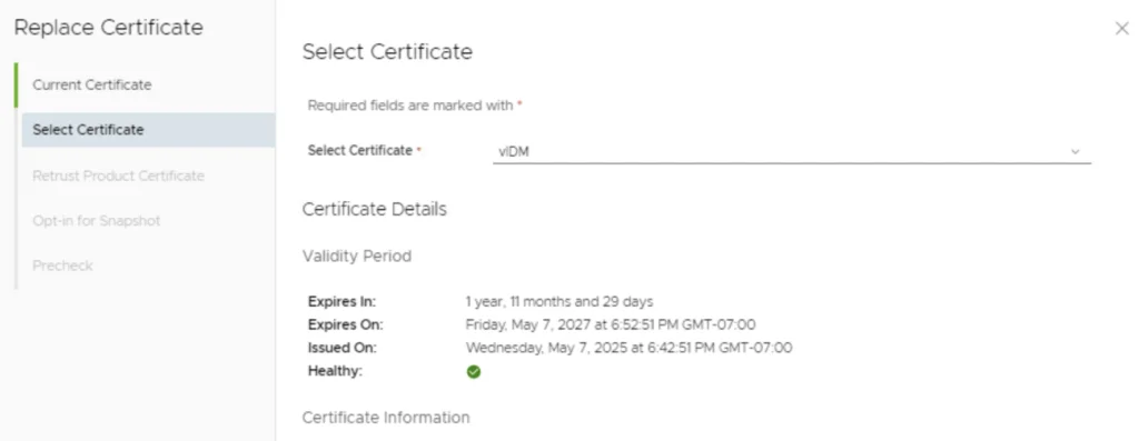 Select Certificate dropdown shows “vIDM” for replacement. Click Next to proceed.