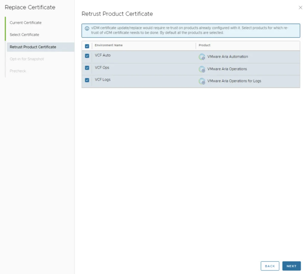 UI shows “Retrust Product Certificate” step for VMware Identity Manager certificate replacement, with products listed for re-trust.
