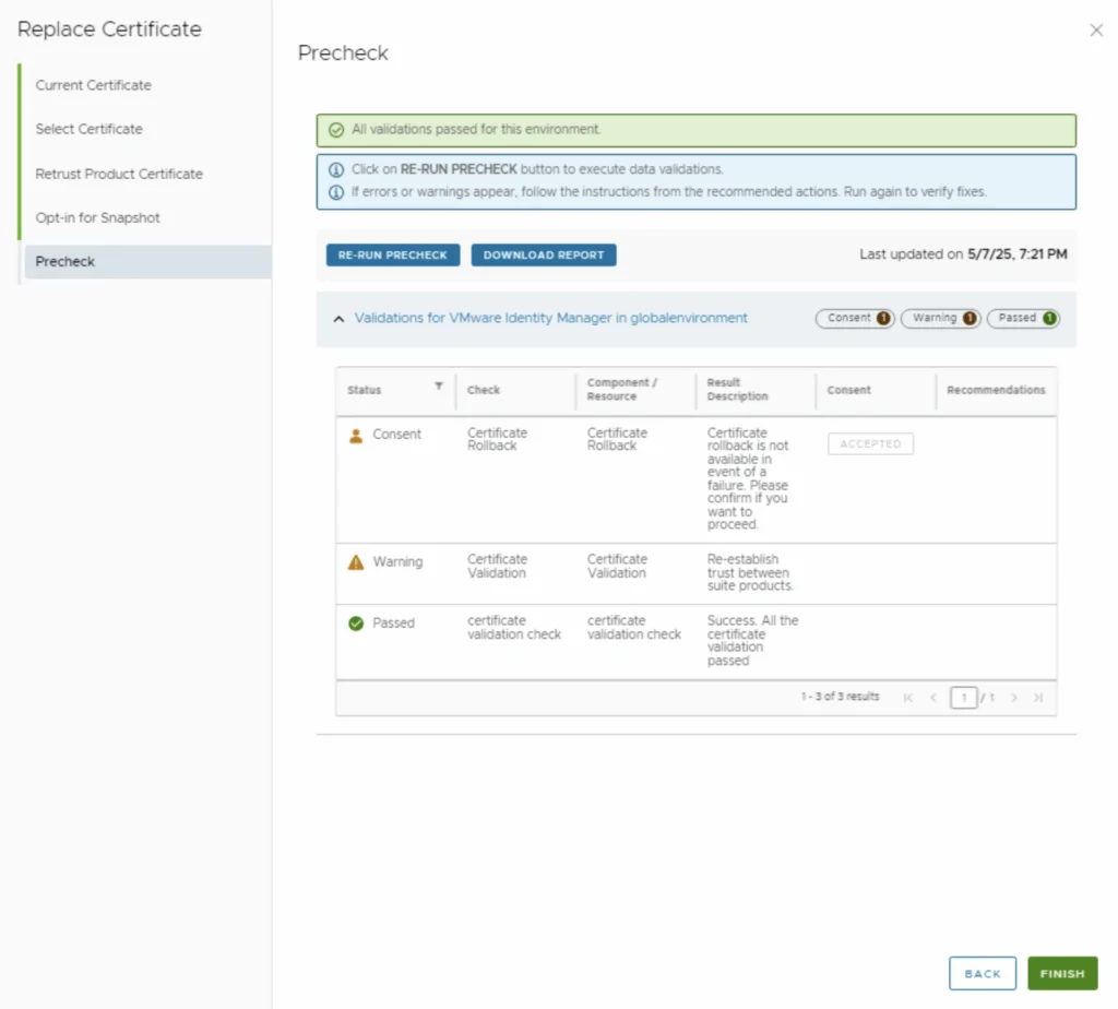 The Precheck step shows all validations passed, with a warning about re-establishing trust.
