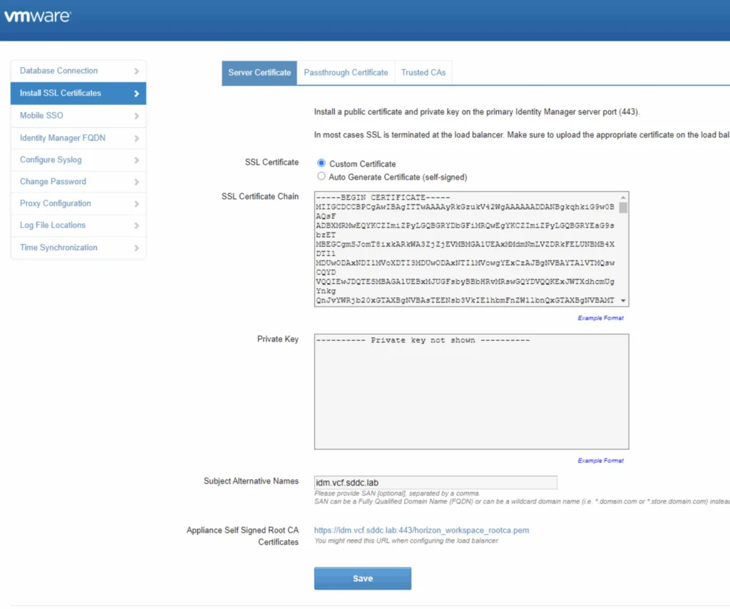 Install SSL Certificates step in VMware Identity Manager configuration UI.