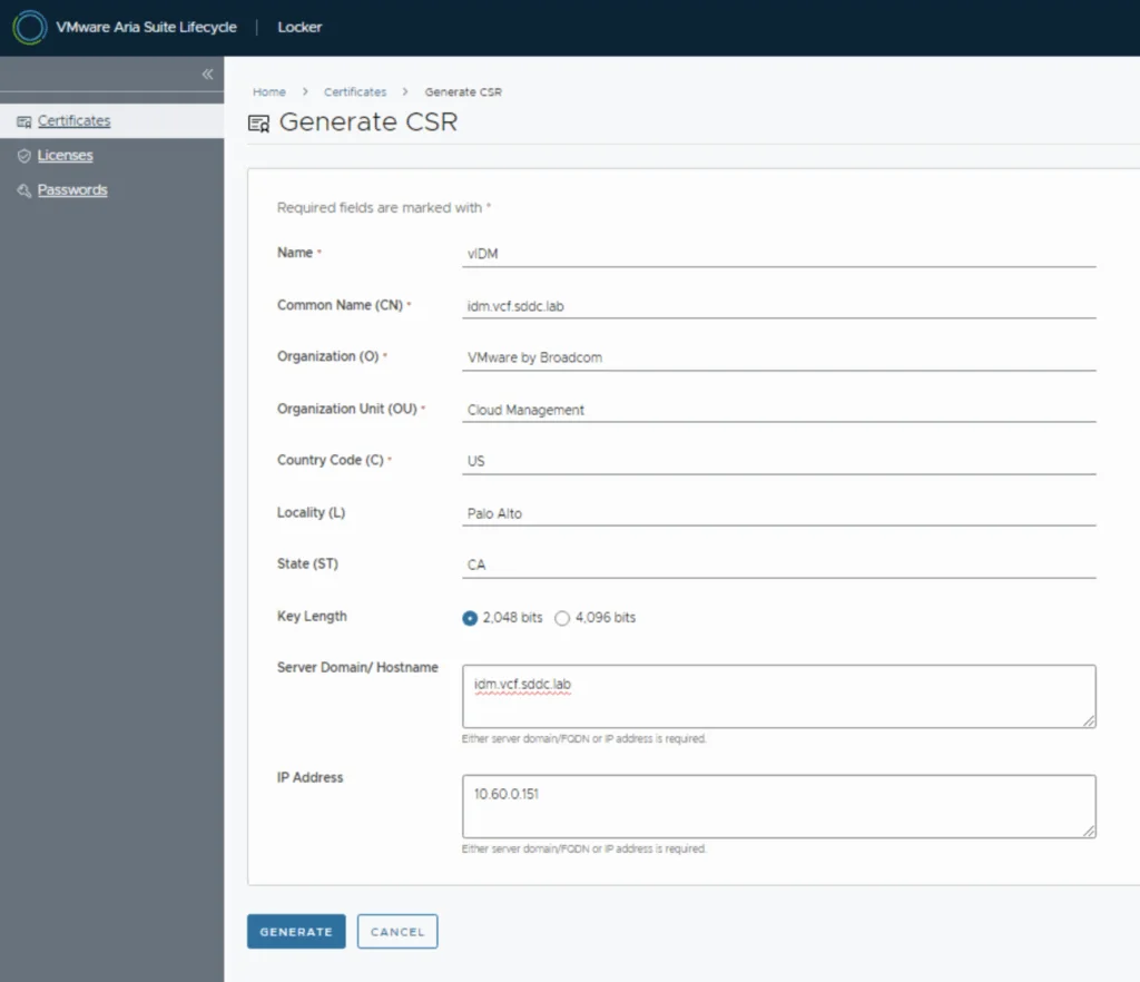 Generate CSR form for vIDM with fields for name, CN, Organization, OU, Country, Locality, State, Key Length, Server Domain, and IP Address.
