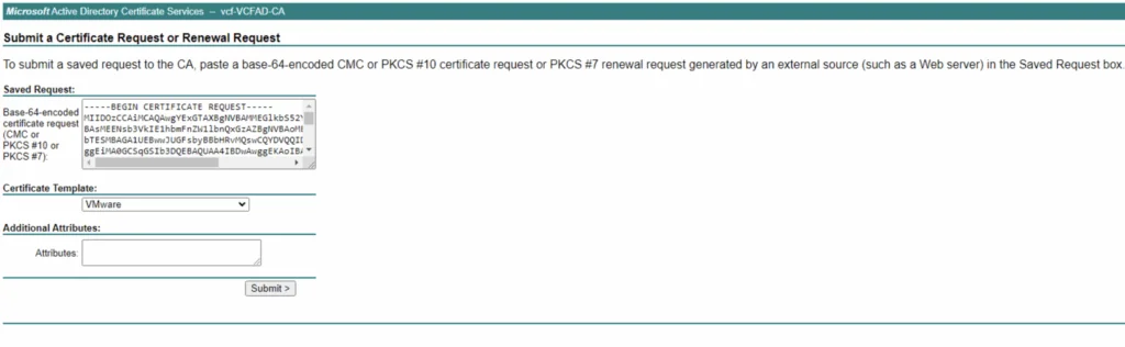UI shows a form for submitting a certificate request with fields for Base-64 encoded CSR, template selection, and attributes.