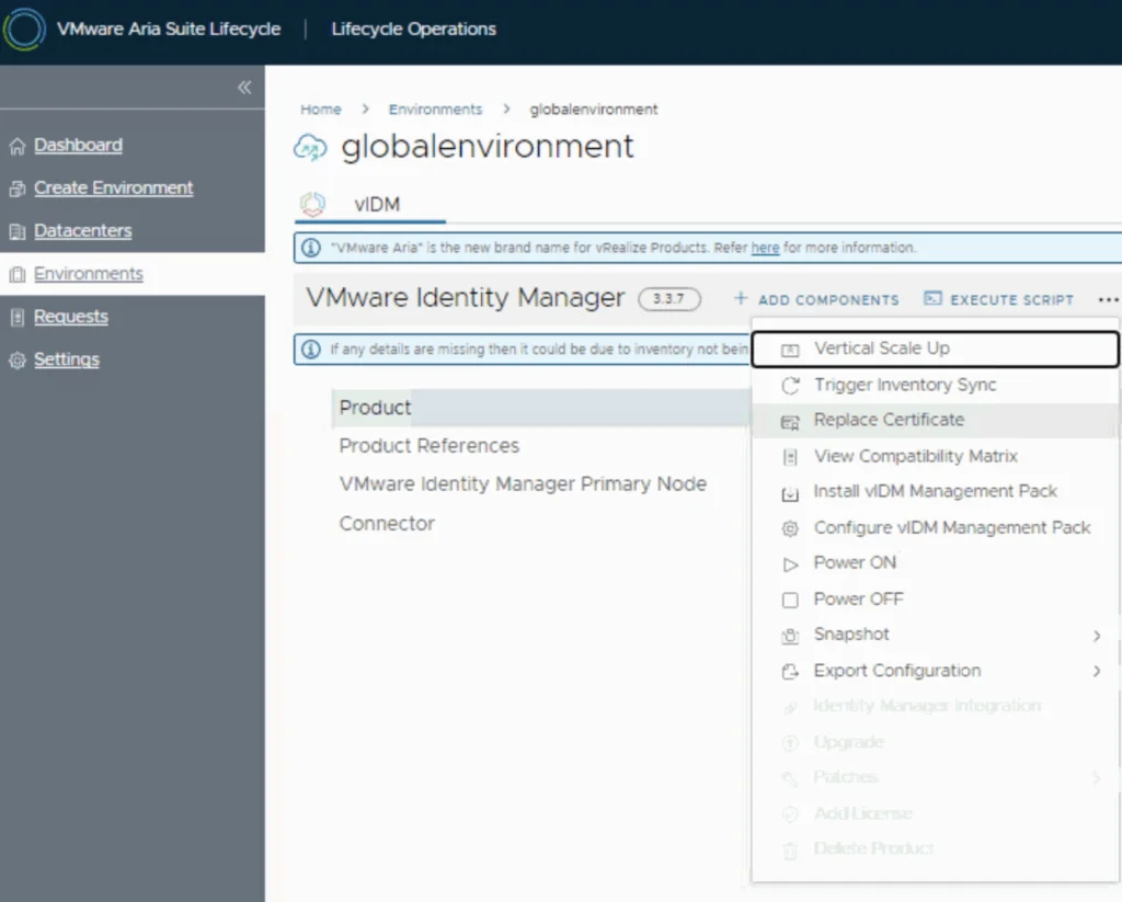 The image shows the VMware Identity Manager environment in VMware Aria Suite Lifecycle with options to replace the certificate.