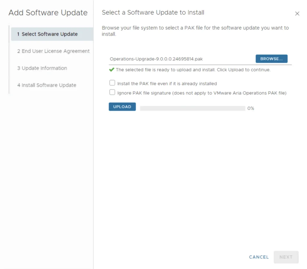 Upgrading Aria Operations to 9.0 using a .PAK file. Select file, click Upload.