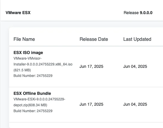 Screenshot shows VMware ESXi 9.0.0.0 release details, including ISO image and offline bundle.
