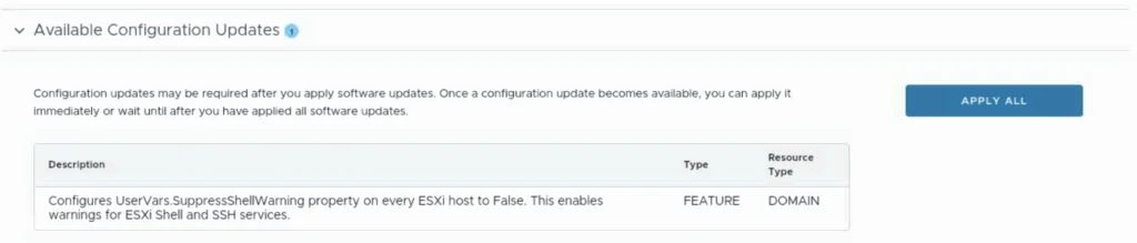 Configuration updates for VCF 5.2.1 upgrade shown, enabling SSH warnings.