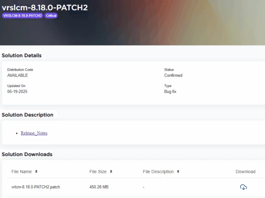 Screenshot shows VMware Aria Suite Lifecycle Manager 8.18.0 PATCH2 details, including status, type, and download link.