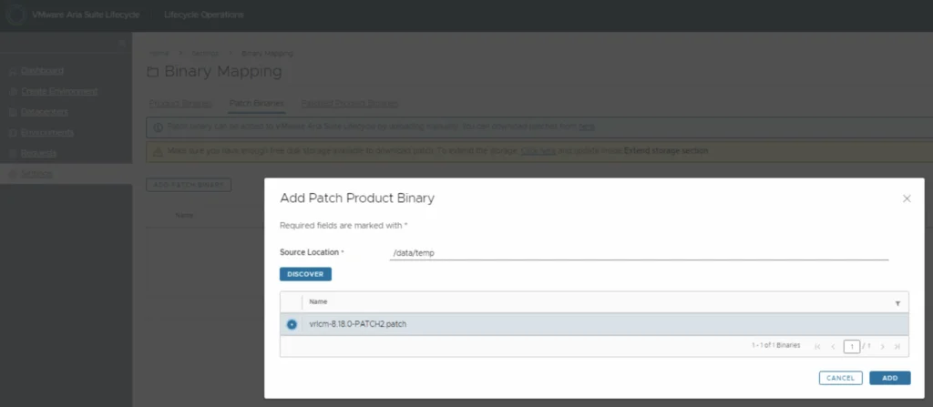 Adding VMware patch binary in VMware Aria Suite Lifecycle Manager.