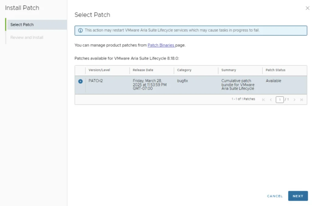 Selecting VMware Aria Suite Lifecycle Manager 8.18 Patch 2 in the Install Patch wizard.