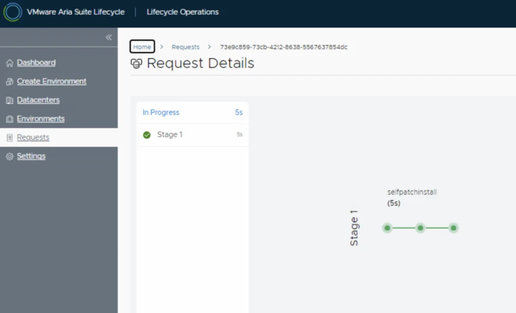 VMware Aria Suite Lifecycle Manager shows patch application in progress, Stage 1.