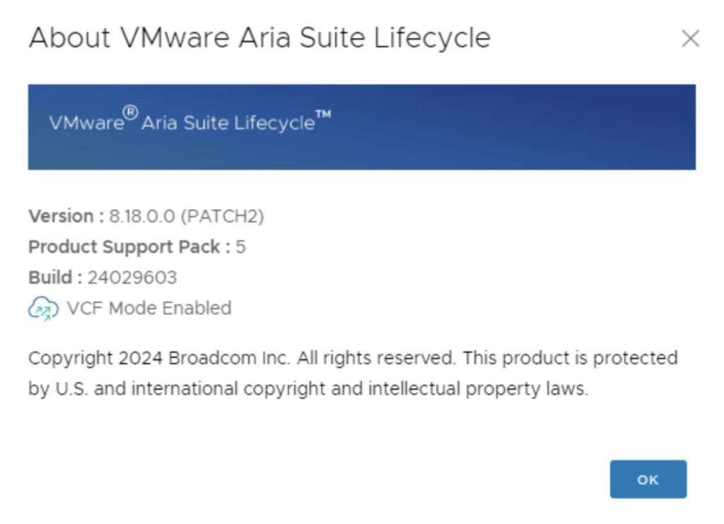 About screen shows VMware Aria Suite Lifecycle Manager 8.18.0.0 (Patch2) version.