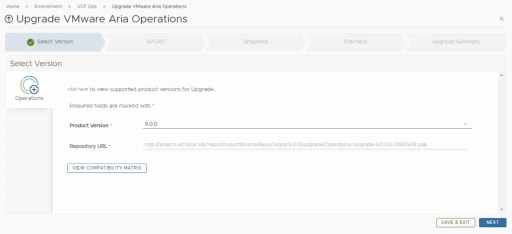 Select version 9.0.0; click Next; review compatibility matrix.