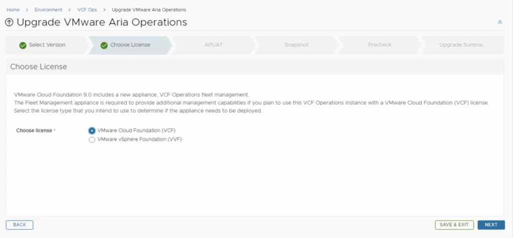 Choose license type for VMware Cloud Foundation or vSphere Foundation in Aria Operations upgrade wizard.