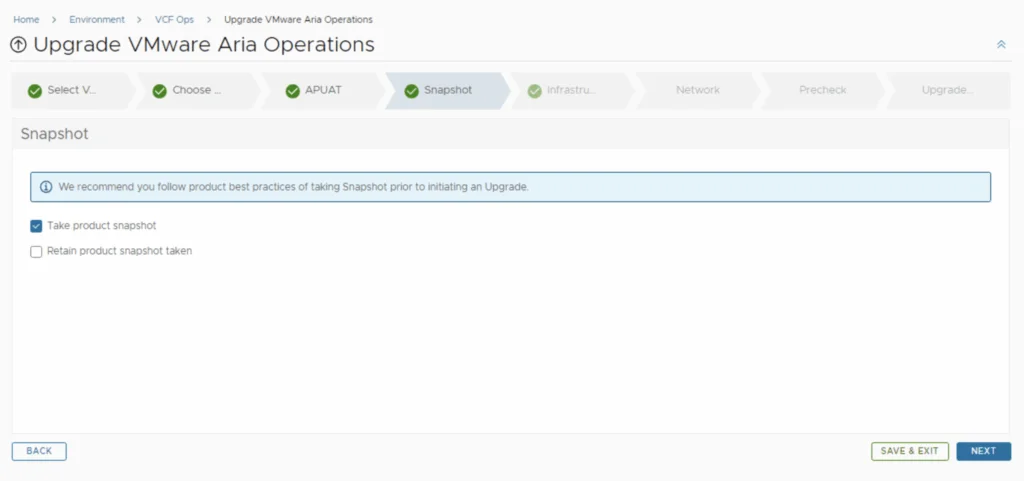 Upgrade VMware Aria Operations wizard step showing snapshot option with checkbox to take and retain snapshot.