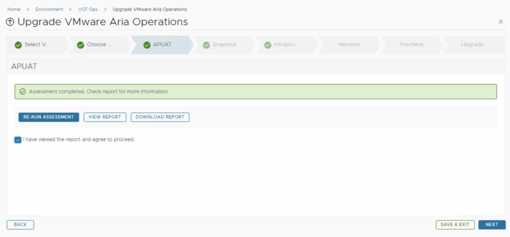 The APUAT step shows an assessment completed, with options to re-run, view, or download the report.