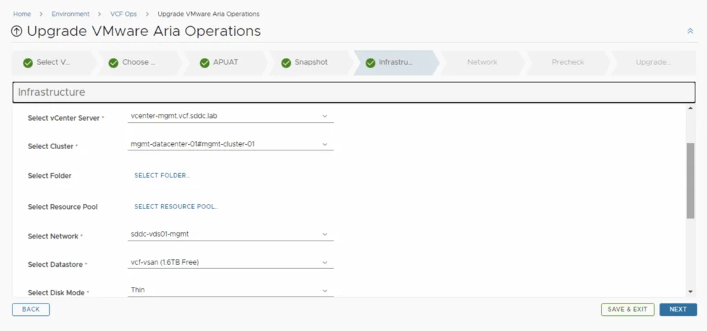 Upgrading Aria Operations to 9.0 via Aria Suite Lifecycle: Infrastructure selection step.