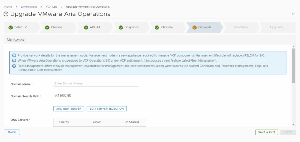 Network details for management node are required. Enter domain name and DNS servers.