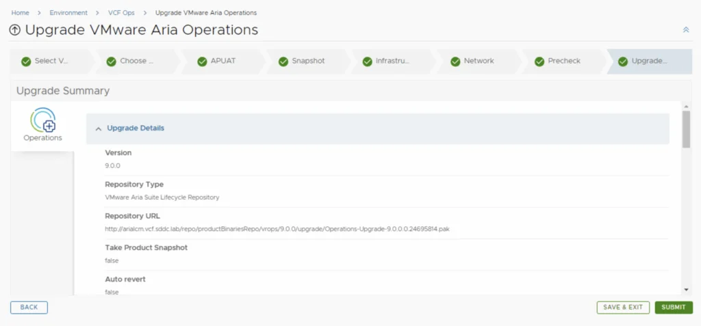 Upgrade summary shows version 9.0.0 details, ready to submit.
