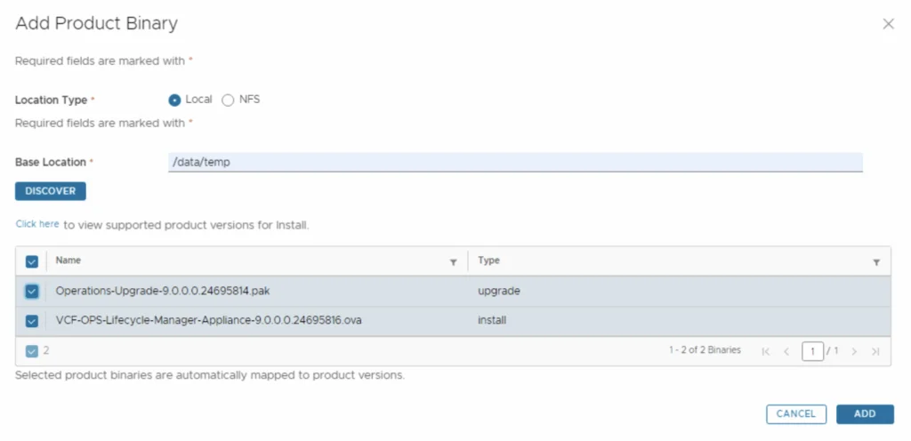 Adding product binaries for upgrade via Aria Suite Lifecycle UI.