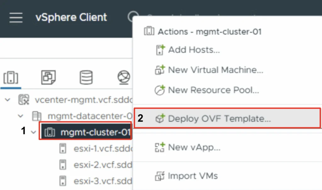 The image shows the vSphere Client interface with options for deploying an OVF template in the "mgmt-cluster-01" datacenter.
