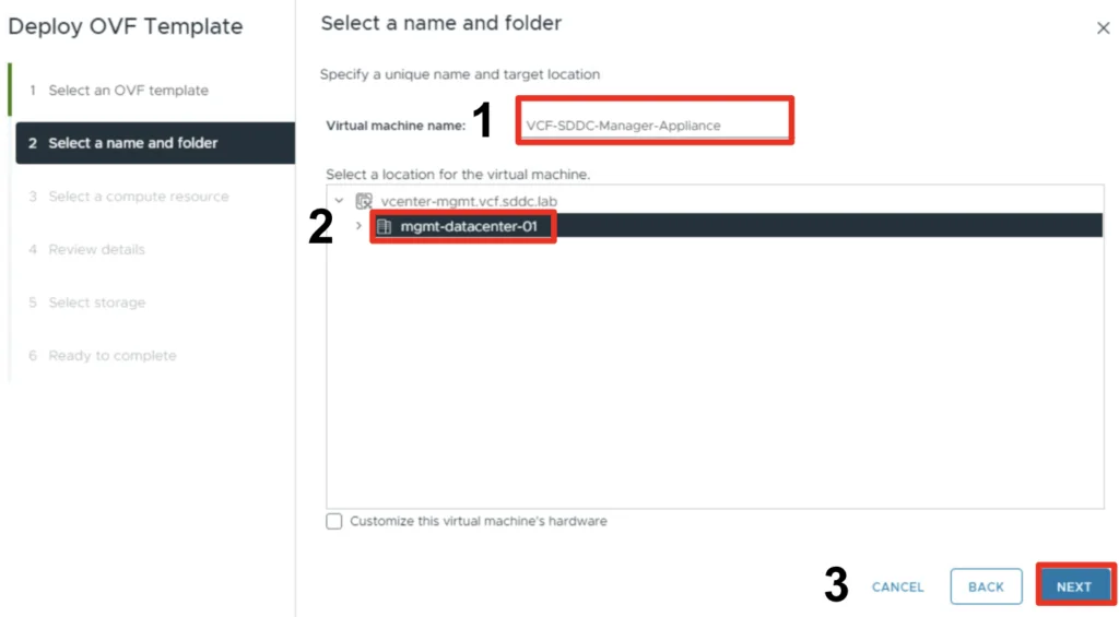 Enter appliance name and select deployment location, then click Next.