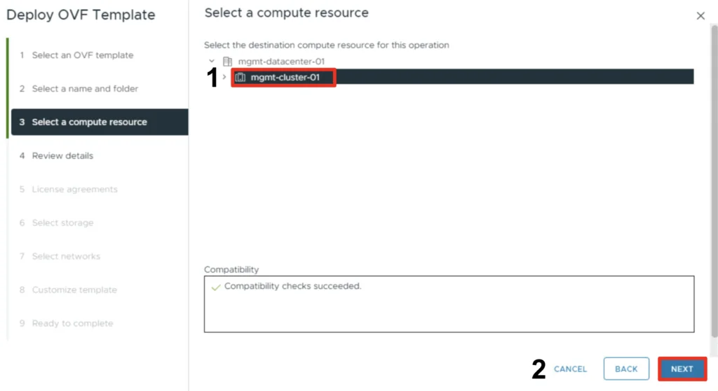 Select compute resource: mgmt-cluster-01; click Next.