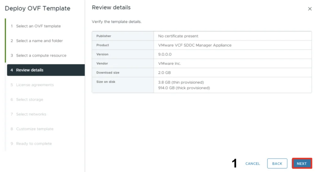 Reviewing VMware VCF SDDC Manager Appliance deployment details. Click Next to proceed.