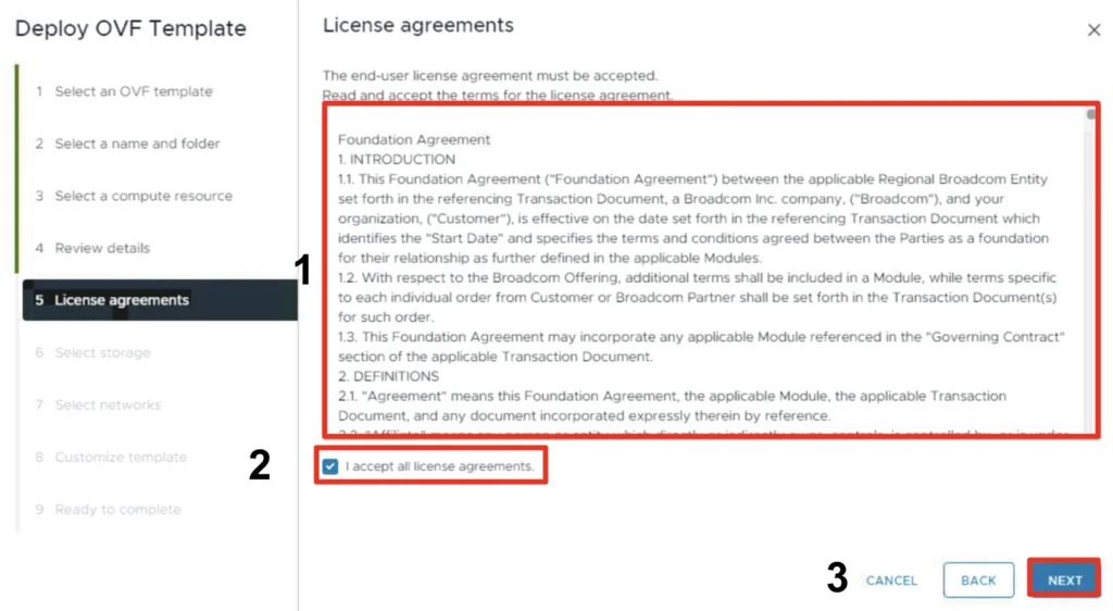 License agreements page with checkbox and Next button.