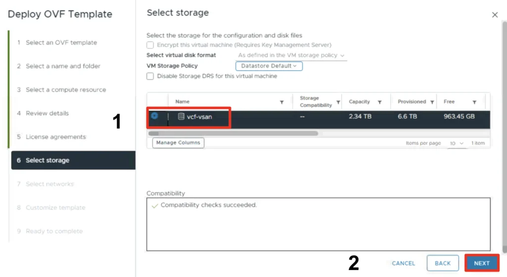 Selecting storage for VMware Cloud Foundation deployment, then click Next.