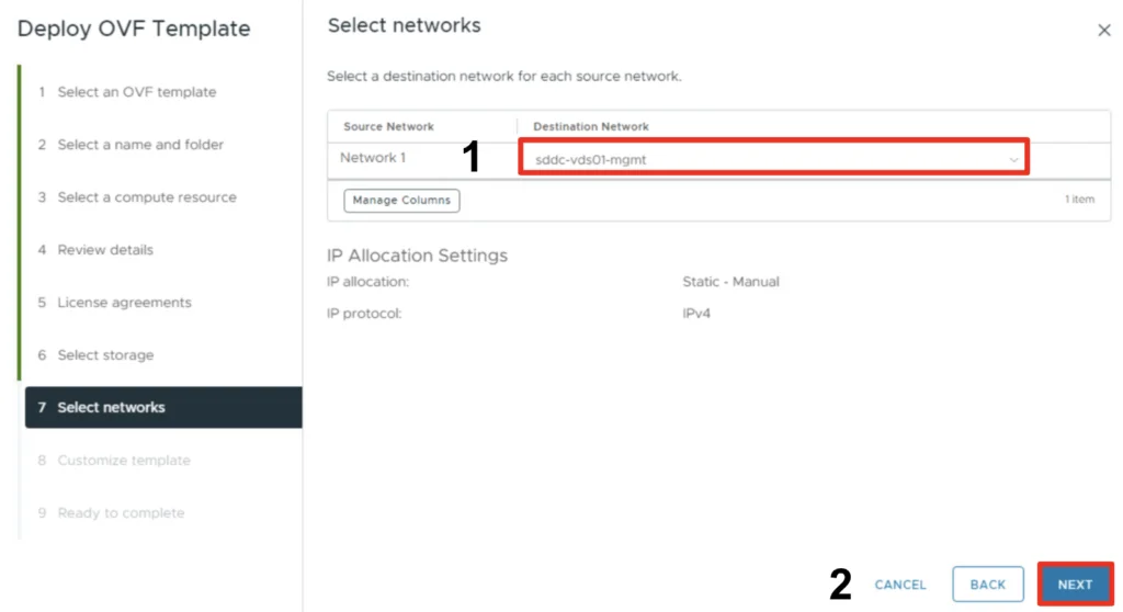 Select “sddc-vds01-mgmt” for Network 1, then click Next.